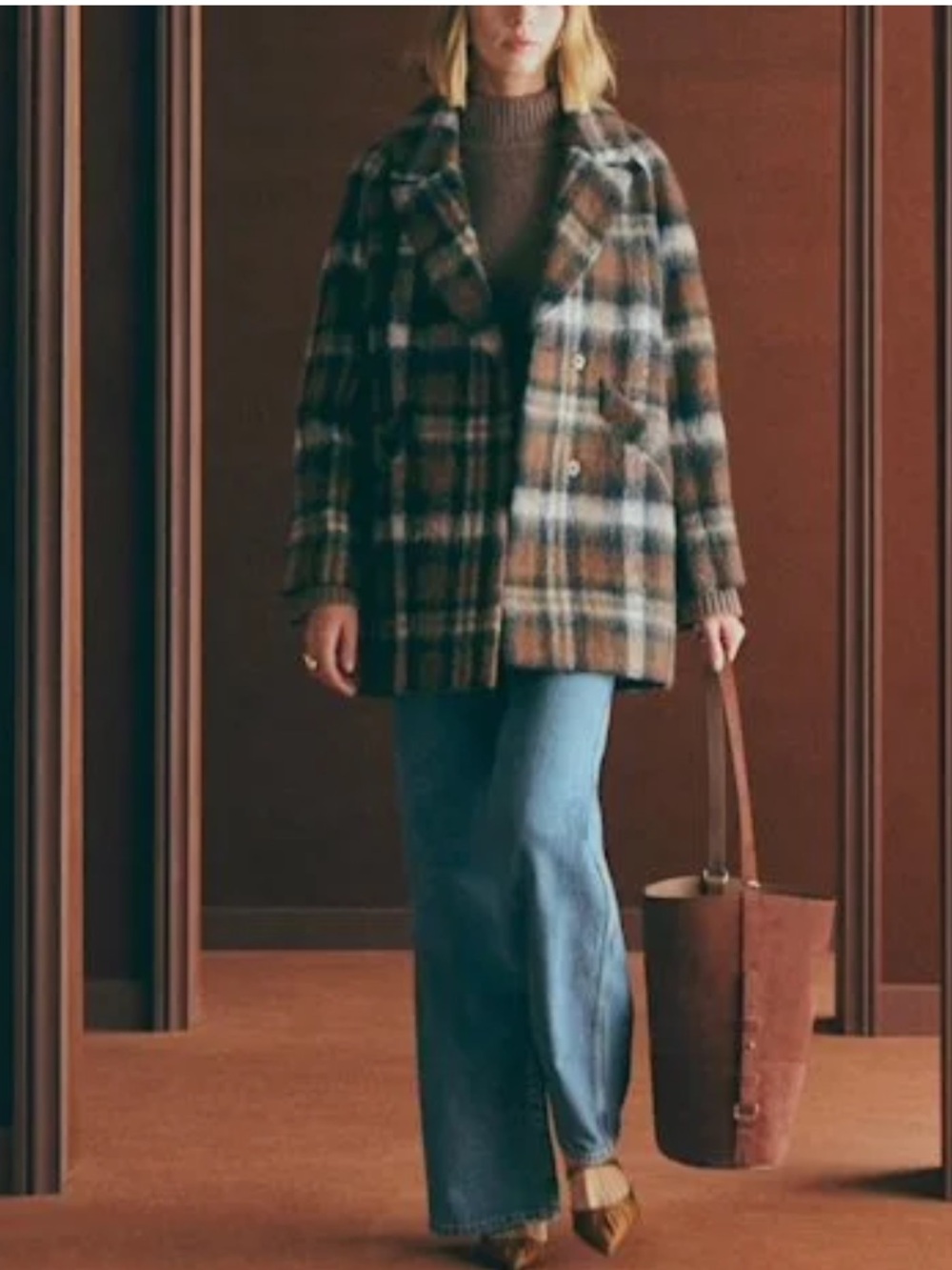 Harve Benard Brown Plaid Wool Coat with Blue Accent